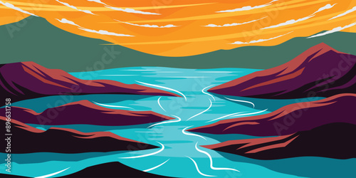 Sunset Nature Lake and Mountains Landscape Outdoor Illustration Vector