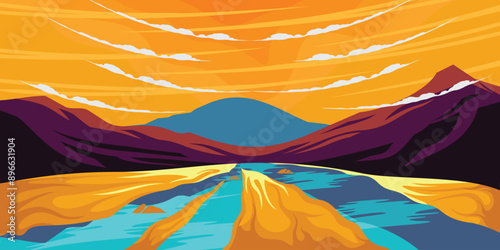 Sunset Nature Lake and Mountains Landscape Outdoor Illustration Vector