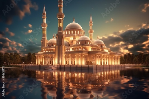 Beautiful mosque in Ramadan Kareem or Eid Al Fitr vibes. Islamic mosque architecture building © KaitoDesign