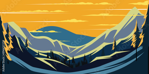 Sunset Nature Lake and Mountains Landscape Outdoor Illustration Vector