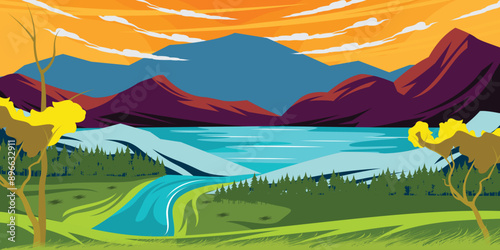Sunset Nature Lake and Mountains Landscape Outdoor Illustration Vector