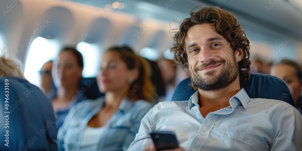Obraz premium Handsome young man traveling by plane. AI.
