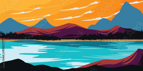 Sunset Nature Lake and Mountains Landscape Outdoor Illustration Vector