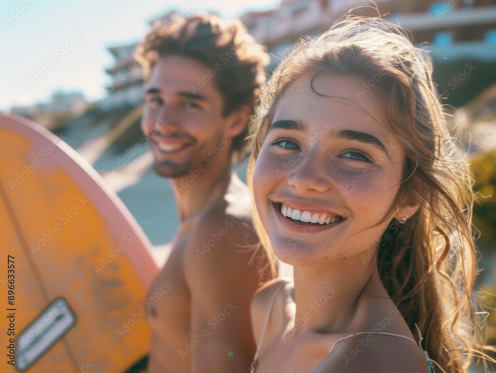 A young couple standing on the beach, smiling and holding surfboards. AI. A young couple standing on the beach, smiling and holding surfboards. AI.