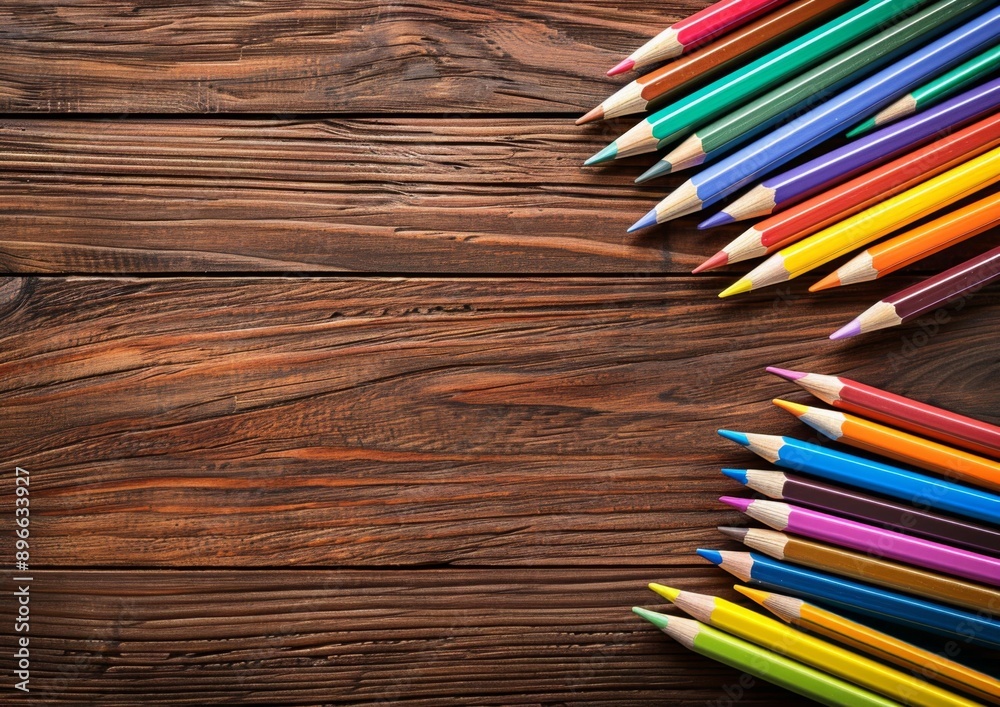 Close-up of a variety of colored pencils arranged on a wooden table. AI. Close-up of a variety of colored pencils arranged on a wooden table. AI.