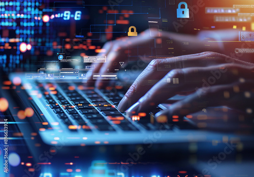 Hands Typing on Laptop with Futuristic Digital Interface and Cybersecurity Icons