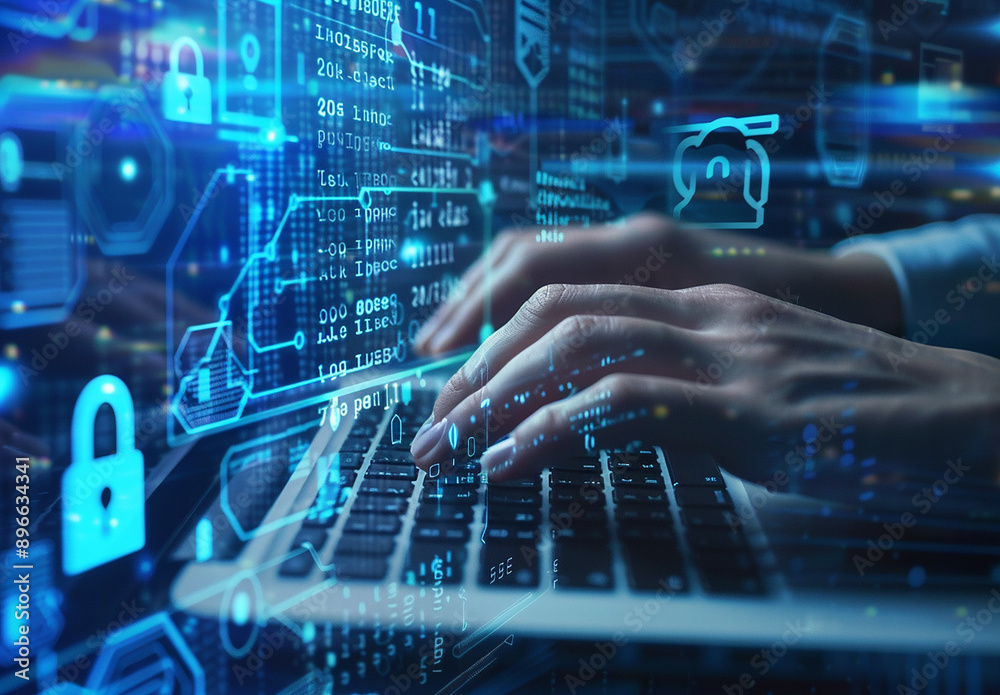 Hands Typing on Laptop with Futuristic Digital Interface and Cybersecurity Icons Hands Typing on Laptop with Futuristic Digital Interface and Cybersecurity Icons