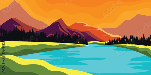 Sunset Nature Lake and Mountains Landscape Outdoor Illustration Vector