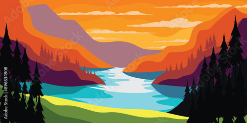 Sunset Nature Lake and Mountains Landscape Outdoor Illustration Vector