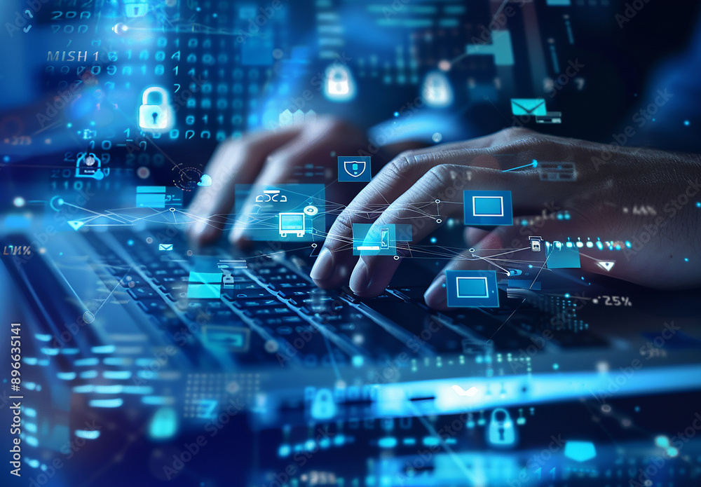 Hands Typing on Laptop with Futuristic Digital Interface and Cybersecurity Icons Hands Typing on Laptop with Futuristic Digital Interface and Cybersecurity Icons