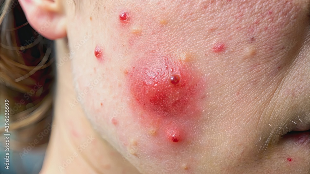 Fototapeta premium Close up of a red and inflamed acne skin pimple, skin care, skincare, blemish, dermatology, acne treatment