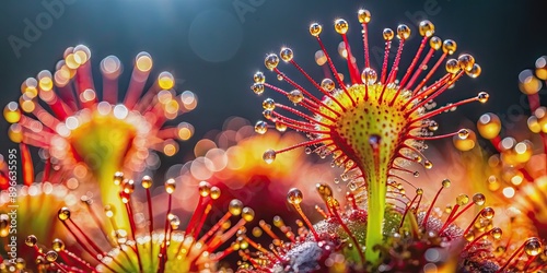 Vibrant red and yellow Sundew plant covered in small water droplets, Sundew, Drosera, plant, red, yellow, vibrant