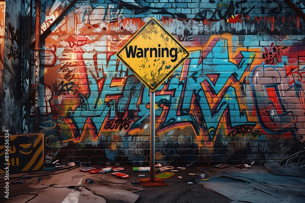 Obraz premium Abstract Warning Sign Painted Art Generative Illustration Urban Graffiti