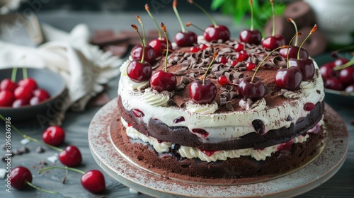 Chocolate cake topped with cherries and cream cheese placed on the floor for a child s birthday celebration