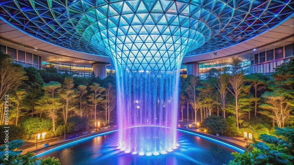 Obraz premium Waterfall display at shopping center JEWEL in Changi Airport Singapore at night with light show on water