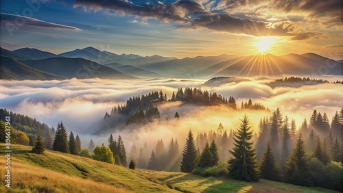 Misty morning in the mountains with sunlight peeking through the fog , tranquil, serene, nature, landscape, mist © Udomner