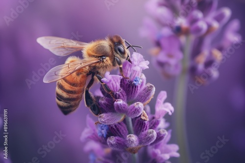 Honey bee insect busy collecting nectar flower. AI generated