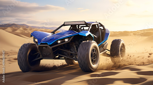 Power and Performance Unleashed: A Spectacular Display of an Electric Blue Dune Buggy Conquering the Desert photo