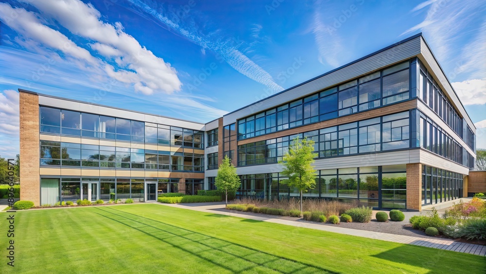 Modern school building with large windows and well-maintained garden under a clear blue sky, school, building Modern school building with large windows and well-maintained garden under a clear blue sky, school, building