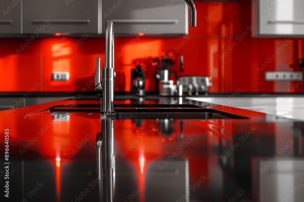 modern kitchen in red color with stainless steel sink modern kitchen in red color with stainless steel sink