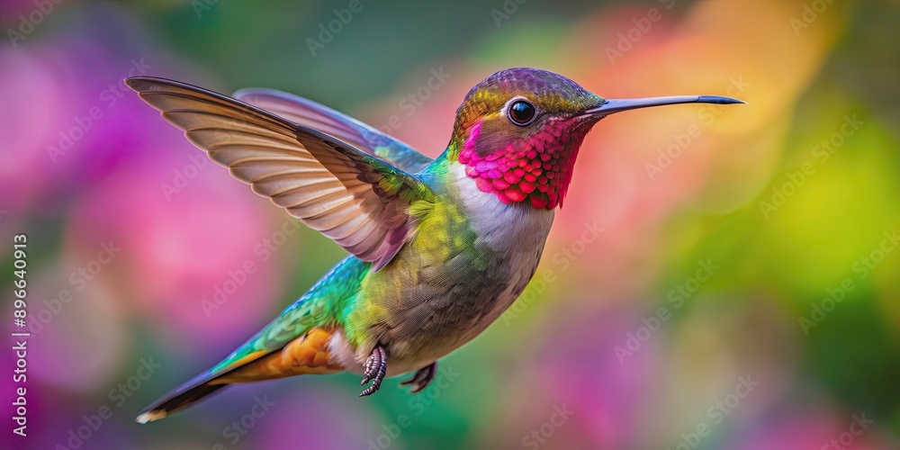 Fototapeta premium Vibrant close-up shot of a hummingbird in flight, hummingbird, bird, colorful, feathers, fast, small, nature, wildlife