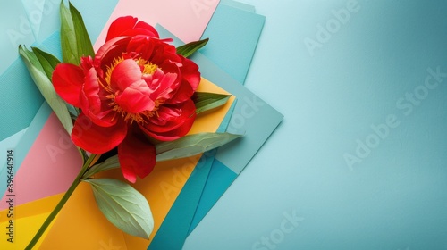 Innovative arrangement of red peony flower and colorful paper for text and cards Studio photography