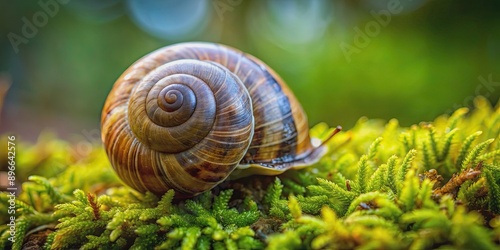 Close up of a snail shell covered in green, brown moss , snail, shell, green, brown, moss, close up, nature, textured