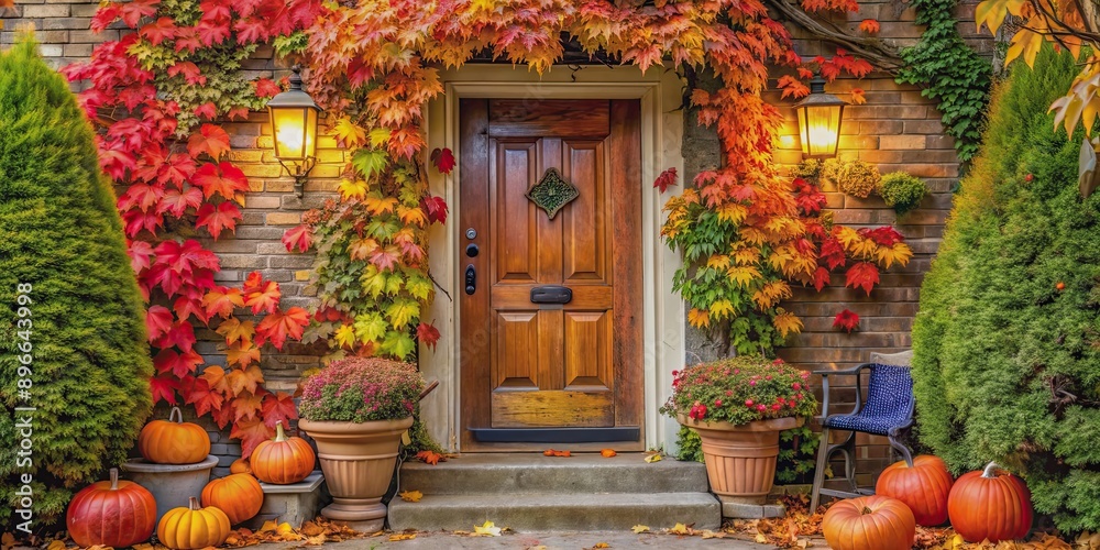 Fototapeta premium Cozy cottage door surrounded by vibrant autumn foliage, inviting guests with warm seasonal hues, cottage, door, autumn, foliage