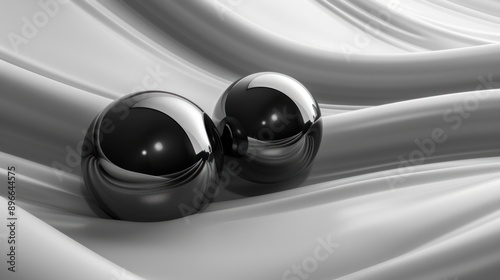 Two Shiny Black Spheres Resting on a White Fabric Background