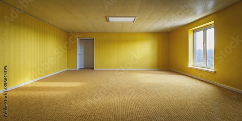 Creepy empty room in the backrooms with abstract yellow walls and carpet , horror, corridor, liminal space, atmosphere, creepy