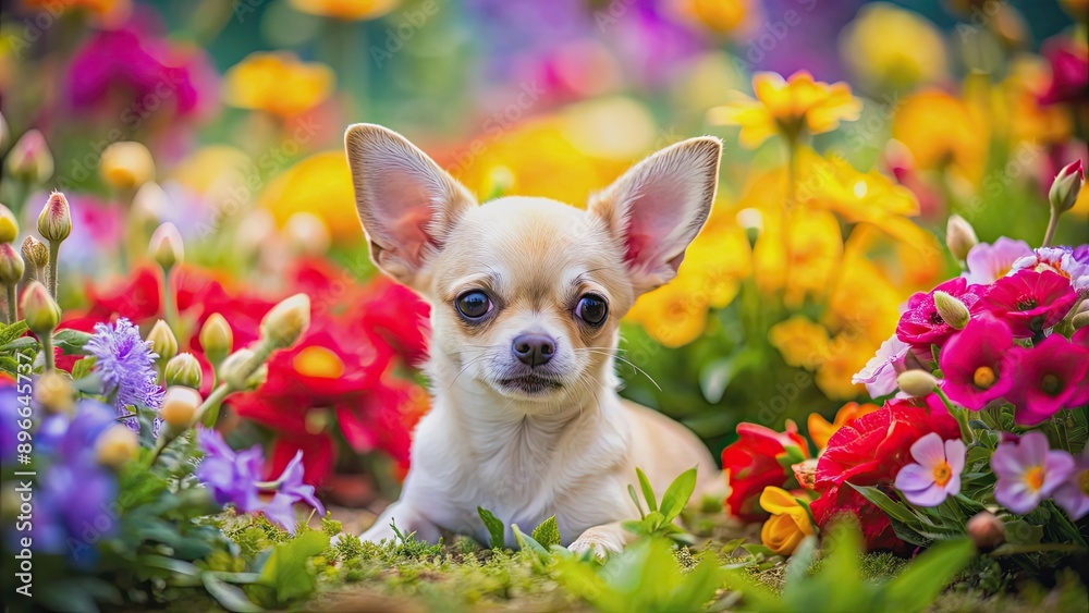 Chihuahua puppy resting in a garden surrounded by vibrant colorful flowers, Chihuahua, puppy, garden, flowers, colorful Chihuahua puppy resting in a garden surrounded by vibrant colorful flowers, Chihuahua, puppy, garden, flowers, colorful