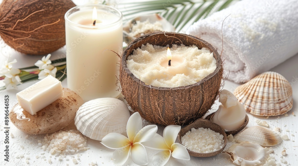 Spa Set with Aromatherapy Candle Soap Coconut Flower Shell and Massage on White Background Spa Set with Aromatherapy Candle Soap Coconut Flower Shell and Massage on White Background