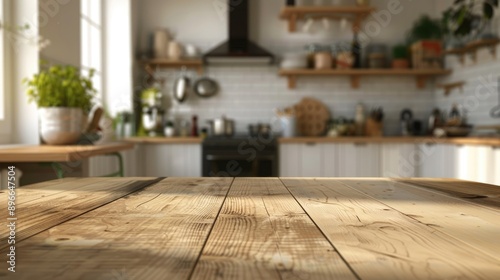Obraz na płótnie Blurred light brown wooden table with modern vintage kitchen ambiance w salonie