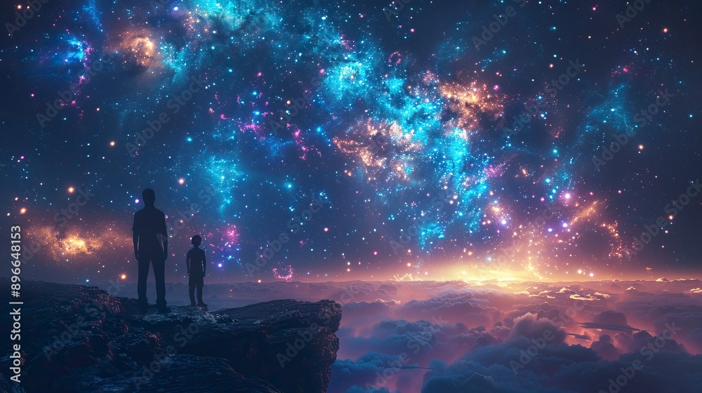 Fototapeta premium Family standing on the edge of a cliff, looking at the starry sky