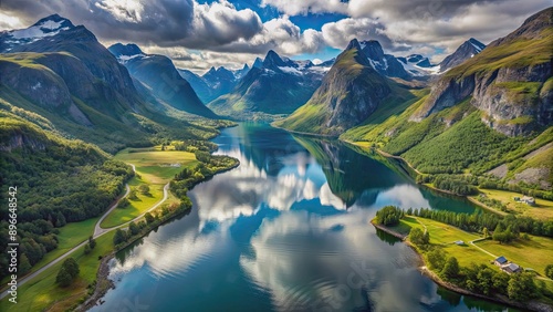 Aerial view of Romarstjodn Lake surrounded by mountains in Tjorhom, Norway, Norway, aerial view, Romarstjodn, Suleskarvegen photo