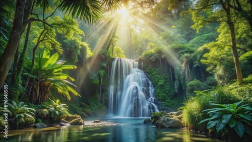 Lush tropical jungle with a cascading waterfall under the warm sun rays, dense, jungle, tropical, waterfall, rocks