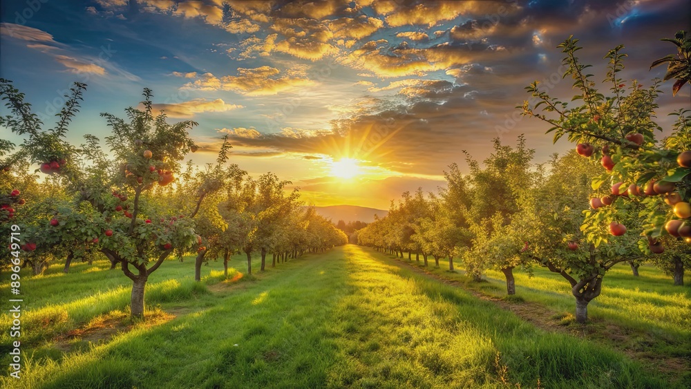 Naklejka premium Apple orchard bathed in golden light as the sun sets over the horizon , agriculture, trees, ripe, harvest, twilight, peaceful