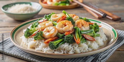 Plated Chinese broccoli and shrimp with garlic sauce on bed of rice , Chinese broccoli, shrimp, garlic sauce, rice, food photo