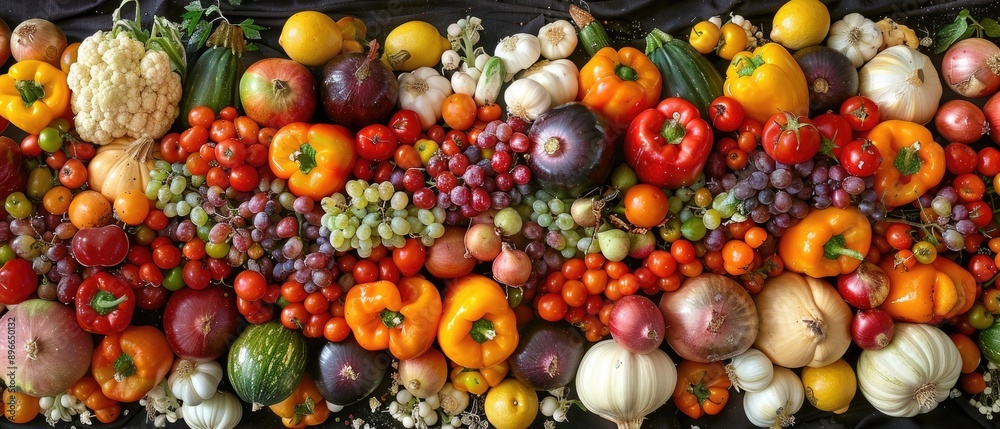 A vibrant assortment of fresh fruits and vegetables arranged in a colorful display, showcasing healthy and organic produce. A vibrant assortment of fresh fruits and vegetables arranged in a colorful display, showcasing healthy and organic produce.