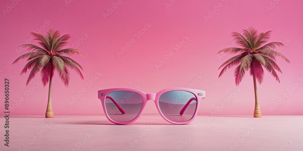 Summer beach concept with pink sunglasses and sunshade against a pink background with two palm trees , beach, summer Summer beach concept with pink sunglasses and sunshade against a pink background with two palm trees , beach, summer