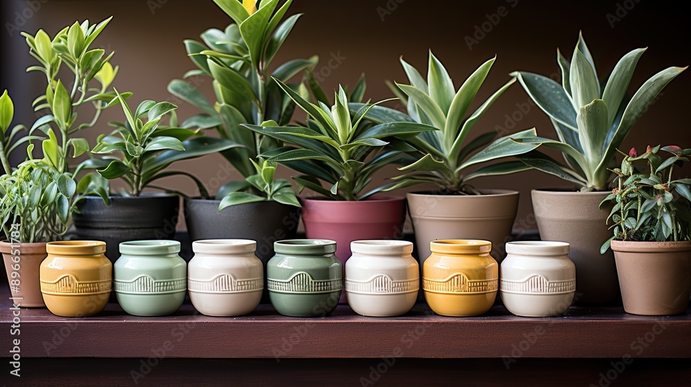 a row of potted plants on a wooden shelf. a row of potted plants on a wooden shelf.