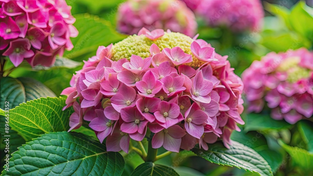 Fototapeta premium Large-leaved hydrangea with pink flowers and green inflorescences, an ornamental shrub, hydrangea