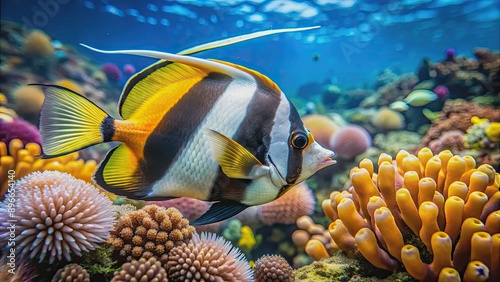 Close-up shot of the face of a longfin bannerfish swimming in the vibrant coral reefs of Koh Tao photo