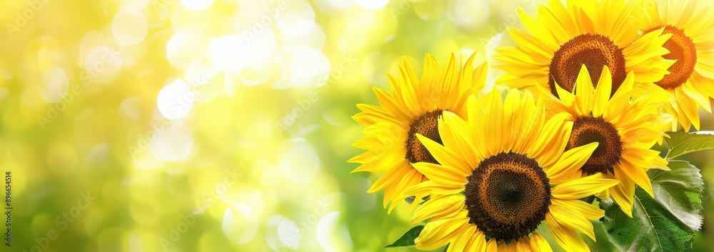 Fototapeta premium Bright yellow sunflowers with a blurred green background, in a banner format, with copy space Generative AI