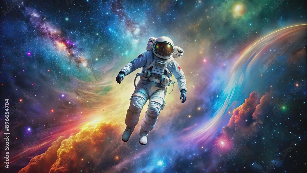 Fototapeta premium Astronaut floating in space surrounded by colorful galaxies and stars, astronaut, space, universe, exploration, stars