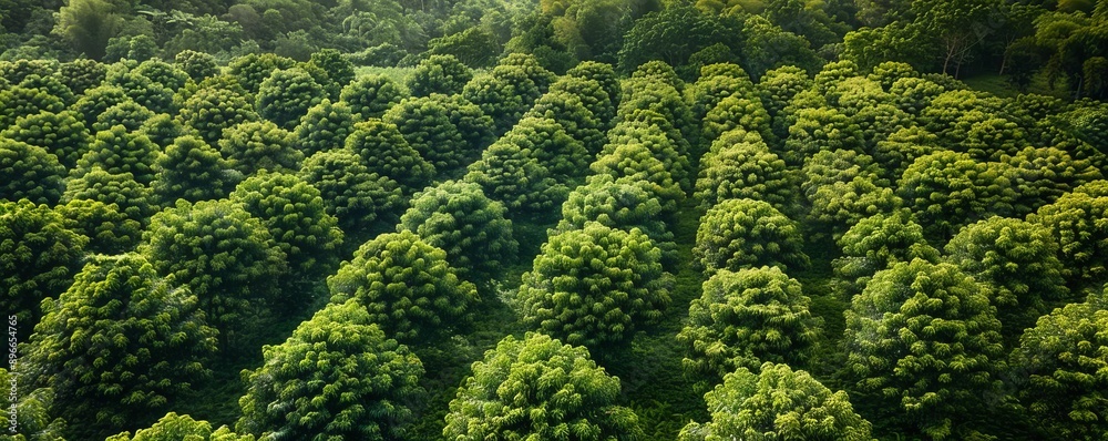 Aerial view of a nutmeg plantation, lush trees, spice production, aerial farm, spice farming Aerial view of a nutmeg plantation, lush trees, spice production, aerial farm, spice farming