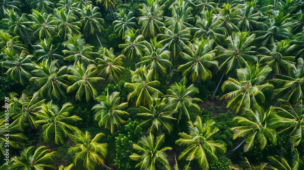 Aerial view of a coconut plantation, tall palm trees, tropical landscape, aerial farm, tropical agriculture Aerial view of a coconut plantation, tall palm trees, tropical landscape, aerial farm, tropical agriculture