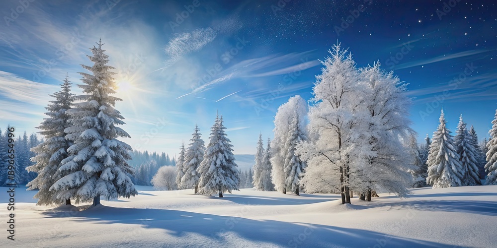 Fototapeta premium Snow-covered trees in a winter wonderland, winter, cold, frost, snowfall, landscape, snowy, forest, nature, tranquility, serene