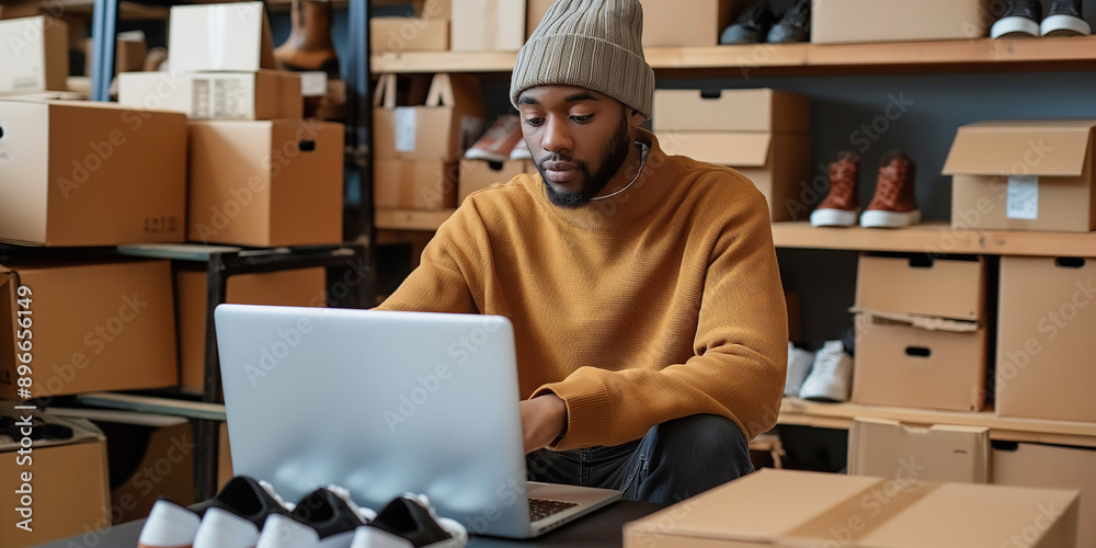 Focused young store owner managing online orders on laptop in warehouse Focused young store owner managing online orders on laptop in warehouse