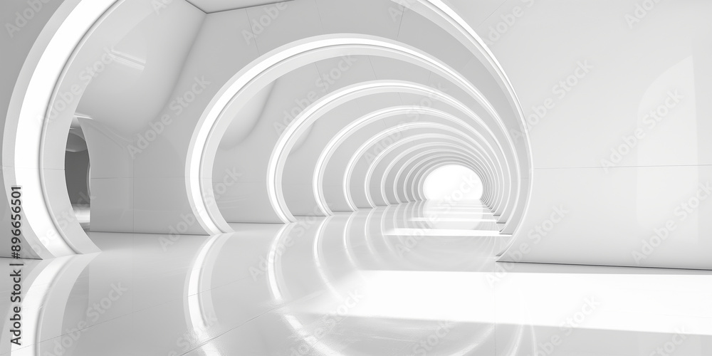 Fototapeta premium White modern empty hallway with round shaped walls leading to light at the end